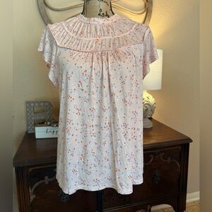 New LOFT Light Pink Floral Pleated Ruffle Neck Blouse